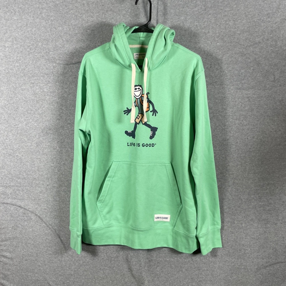Life Is Good Hoodie Men's Large Green Hiking Graphic Pullover Hooded Sweatshirt